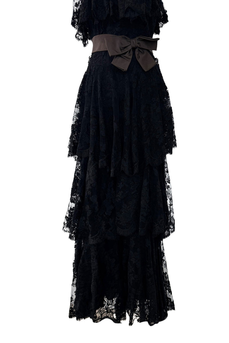 Incredible 1960s Donald Brooks Black Lace Tiered One Shoulder Jumpsuit w Wide Legs & Belt