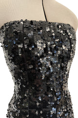 Fantastic 1980s Bob Mackie Strapless Glossy Black Sequin Stretch Dress w Back Kick Skirt