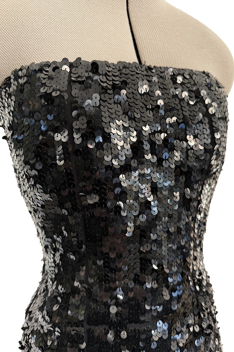 Fantastic 1980s Bob Mackie Strapless Glossy Black Sequin Stretch Dress w Back Kick Skirt