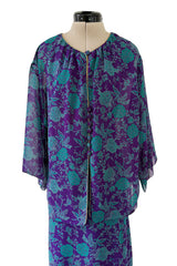 1976 Christian Dior by Marc Bohan Printed Purple & Turquoise Silk Chiffon Skirt & Jacket Set