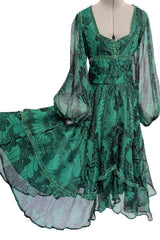 Well Documented Spring 1970 Unlabeled Thea Porter Green Butterfly Print Silk Chiffon Dress