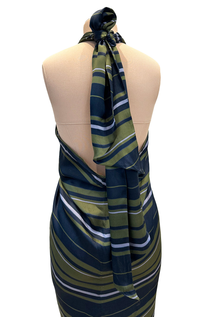 Gorgeous 2014 Lanvin by Alber Elbaz Deep Green & Navy Silk Striped Sarong Dress w Tie Halter