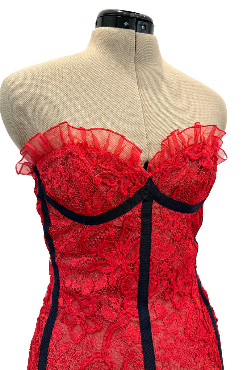 Amazing Spring 1992 Yves Saint Laurent Runway Red Lace Strapless Dress w Grosgrain Detailing