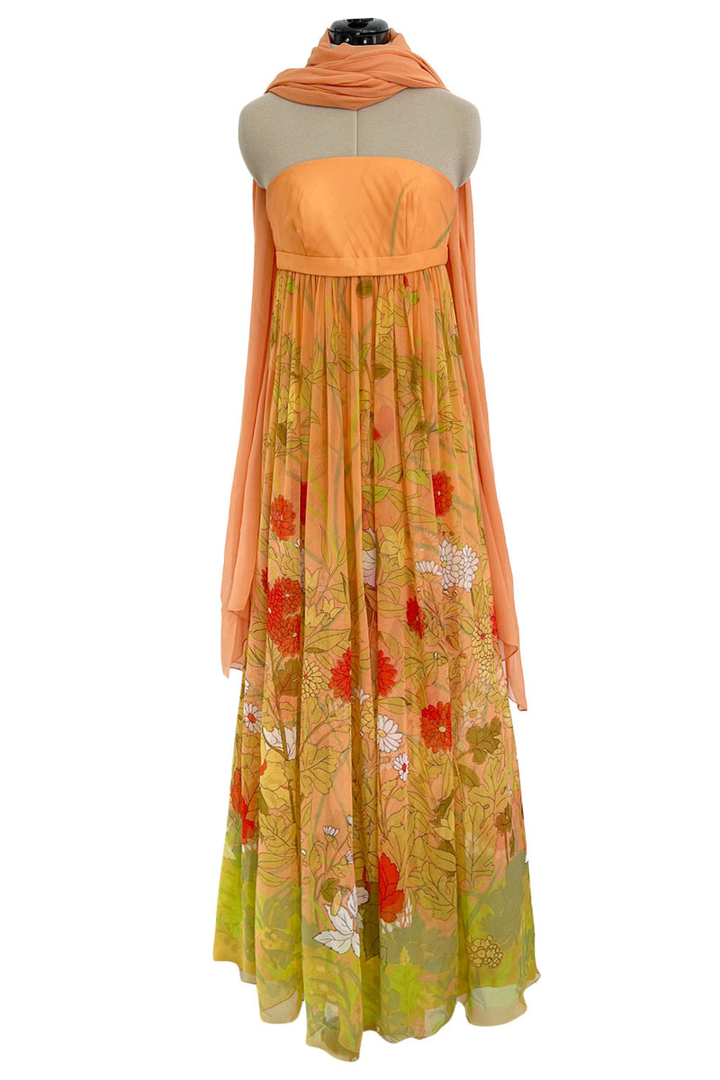 Gorgeous 1968 Hanae Mori Strapless Pastel Peach Floral Print Chiffon & Silk Dress w Shawl