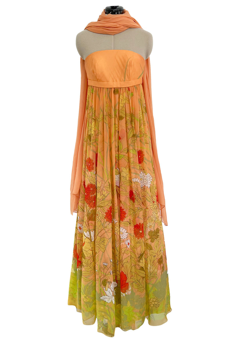 Gorgeous 1970s Hanae Mori Strapless Pastel Floral Print Chiffon & Silk Dress w Shawl