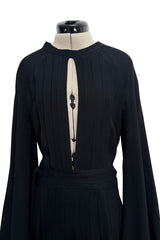 1971 Ossie Clark Couture "Come Fly With Me" Black Moss Crepe Open Back Wrap Dress w Huge Sleeves