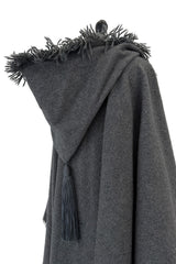 Phenomenal Fall 1977 Yves Saint Laurent Runway Deep Charcoal Grey Fringed Cape w Hood