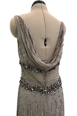 2010s Valentino by Pierpaolo Piccioli & Maria Grazia Chiuri Sequin & Rhinestone Embellished Deep Silver Silk Dress