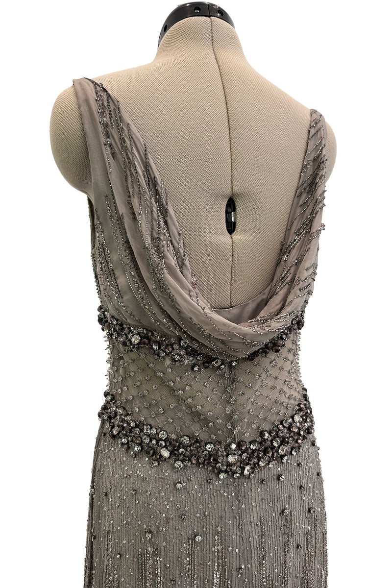 2010s Valentino by Pierpaolo Piccioli & Maria Grazia Chiuri Sequin & Rhinestone Embellished Deep Silver Silk Dress