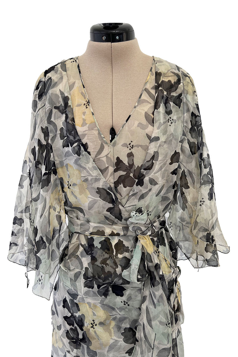 Dreamy 1920s Unlabeled Feather Light Floral Print Silk Chiffon Dress w Jacket