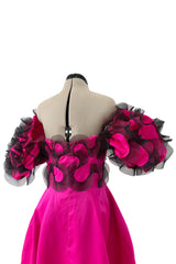 Book Documented Spring 1988 Bill Blass Bright Pink Silk & Black Net Ruffle Dress w Pouf Sleeves