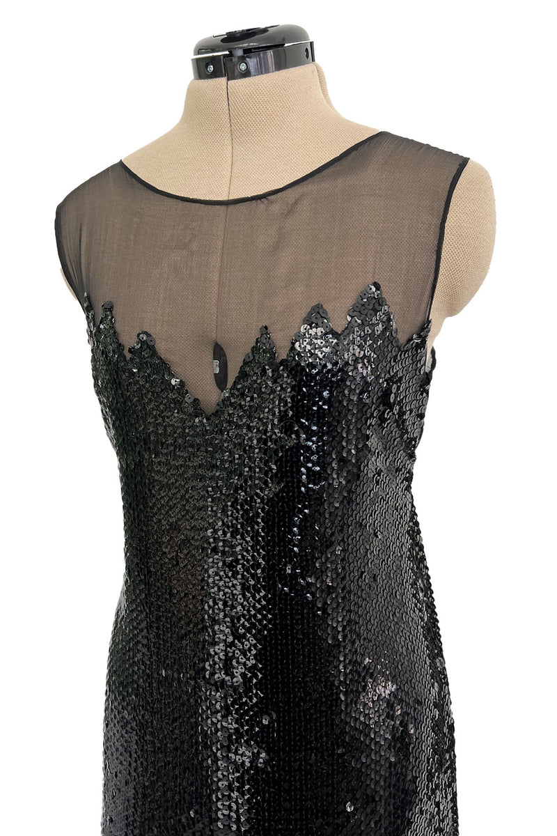 1973 Loris Azzaro Couture Black Flame Sequin Detailing & Feather Light Silk Chiffon Dress