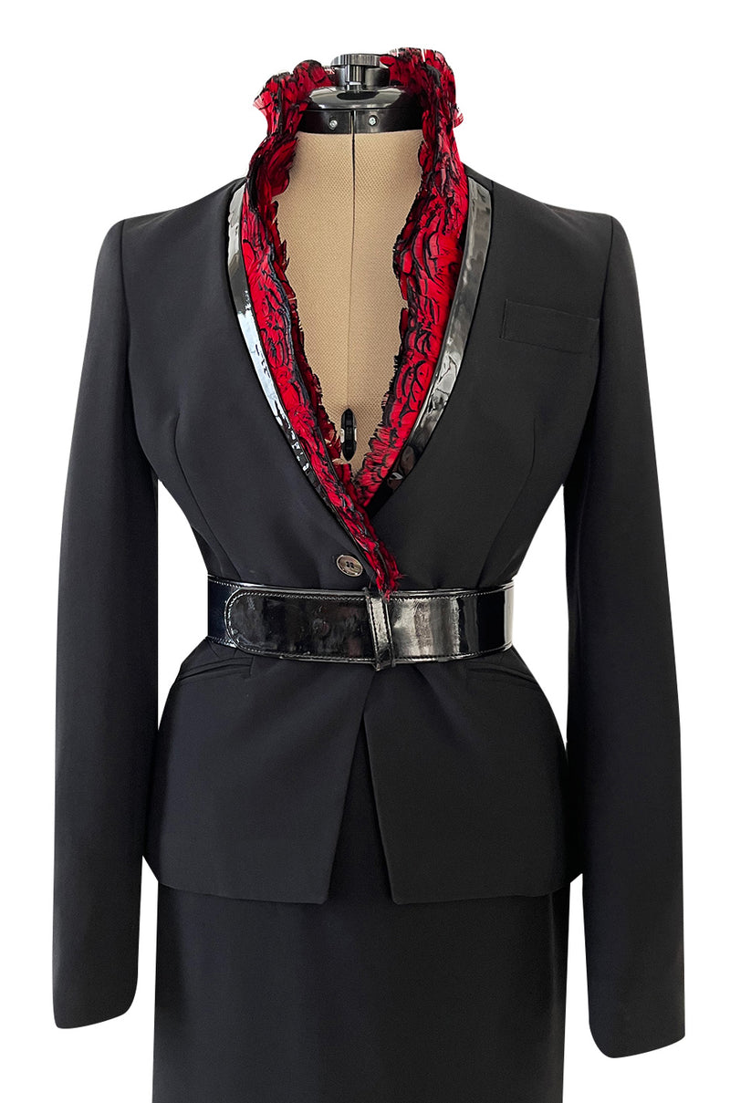 Spectacular Spring 2008 Alexander McQueen 'La Dame Bleue' Look 26 Red Feather Trim Black Suit