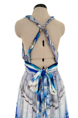 Resort 2010 Alexander McQueen Silk Chiffon Blue Print Dress w Plunging Front & Open Back