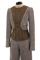 Documented & Rare Fall 2004 Alexander McQueen Tweed Pant Suit w Elaborately Embellished Jacket