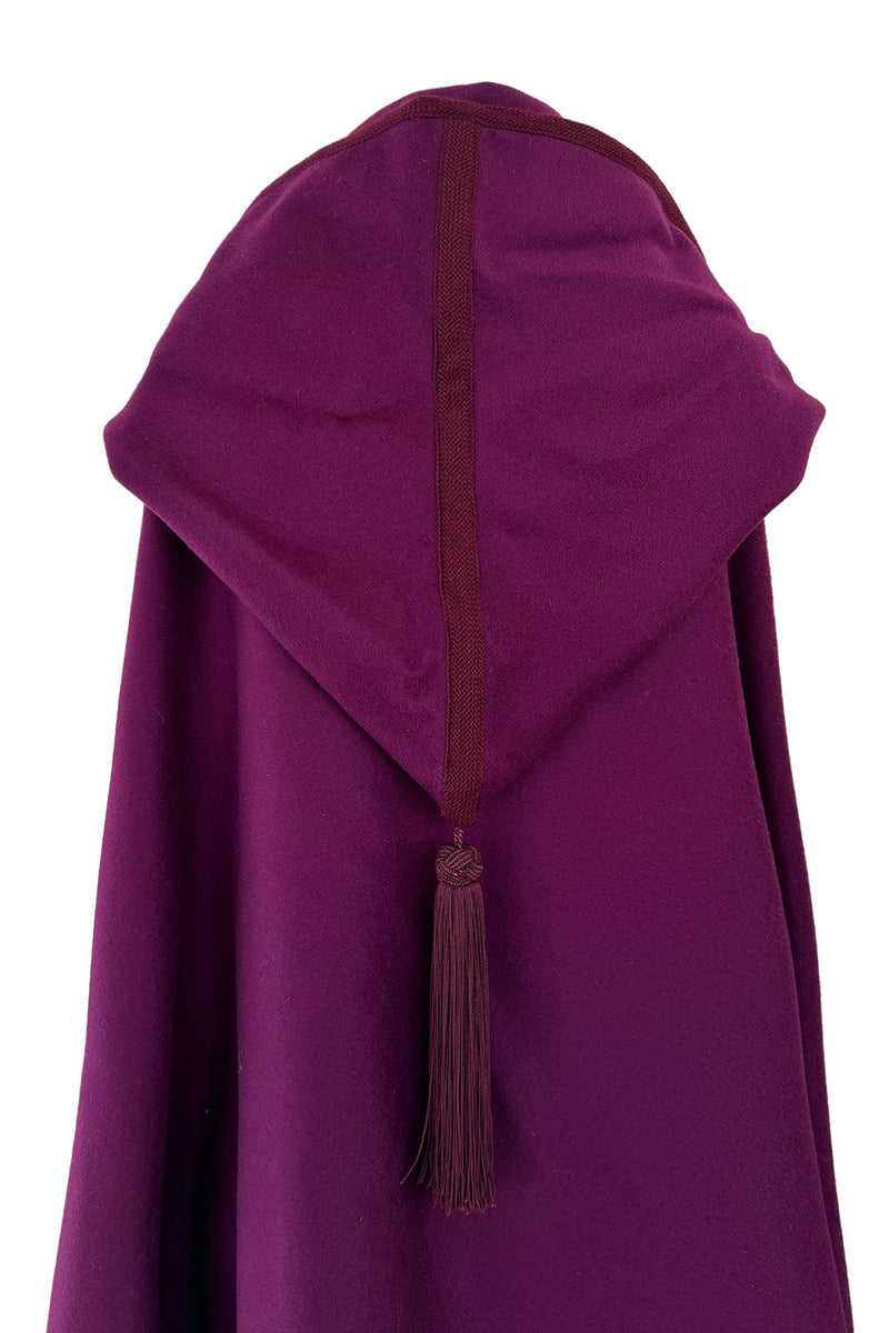 Iconic Fall 1976 Yves Saint Laurent Deep Purple Hooded Cape w Braided Edges & Tassel Details