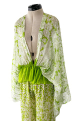 Fantastic 1970s Pauline Trigere Two Piece Green Silk Chiffon  Plunge Top & Wide Leg Pant Set