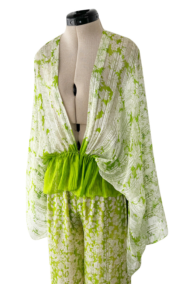Fantastic 1970s Pauline Trigere Two Piece Green Silk Chiffon  Plunge Top & Wide Leg Pant Set