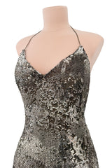 Fall 2015 Ralph Lauren Purple Label Runway Finale Look 43 Bronze Sequin Halter Dress w Open Back