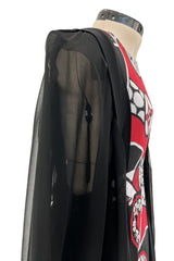 Extraordinary 1969 Thea Porter Black Silk Chiffon Dress w Red Print & Huge Balloon Sleeves