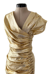 Museum Held 1986 Thierry Mugler Gold Feather Light Lame Dress w Gathered Sides