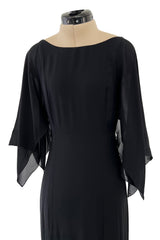 Fall 1993 Chanel by Karl Lagerfeld Black Silk Chiffon Dress w Flutter Sleeves & Low Open Back