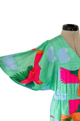 Prettiest 1970s Hanae Mori Green & Tropical Bird Printed Caftan Dress w Curved Sleeves