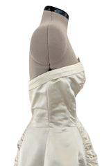1950s Philip Hulitar Couture Strapless Gathered Front Champagne Ivory Silk Dress w Bow