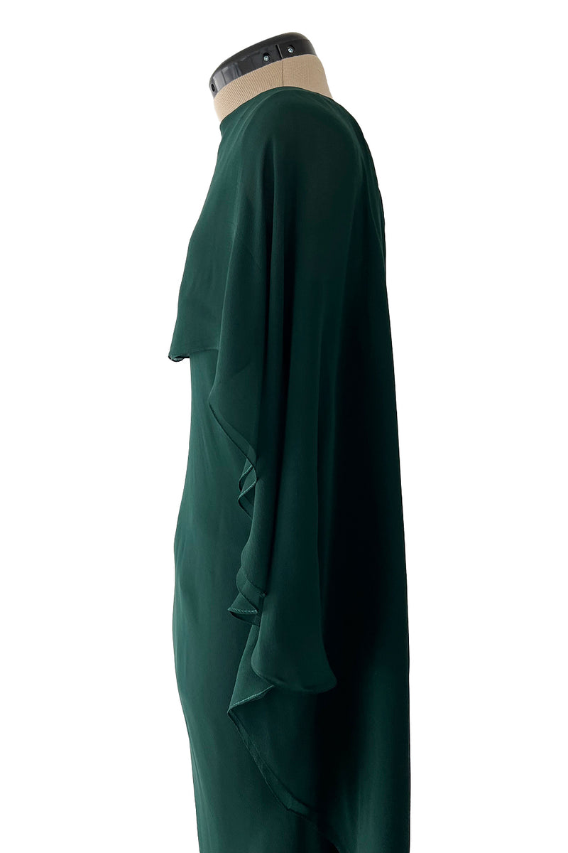 Fall 1975 Beautiful Halston Runway Flowing Deep Green Silk Chiffon w Low Back Plunge