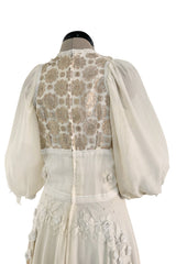 Rare 1969-75 Thea Porter Couture Embroidered Silk Organza & Gold Metallic Dress w Balloon Sleeves