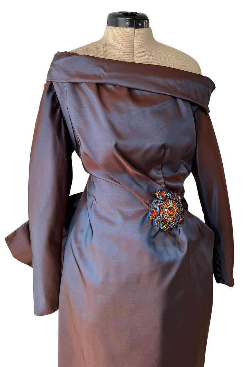 Fall 1990 Christian Lacroix Haute Couture Silk Runway Backless Dress w Original Jewel Brooches