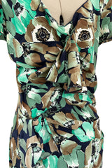 Prettiest 2019/2020 Prada 40s Inspired Lightweight Silk Dress w Green Floral Print & Ruffled Details