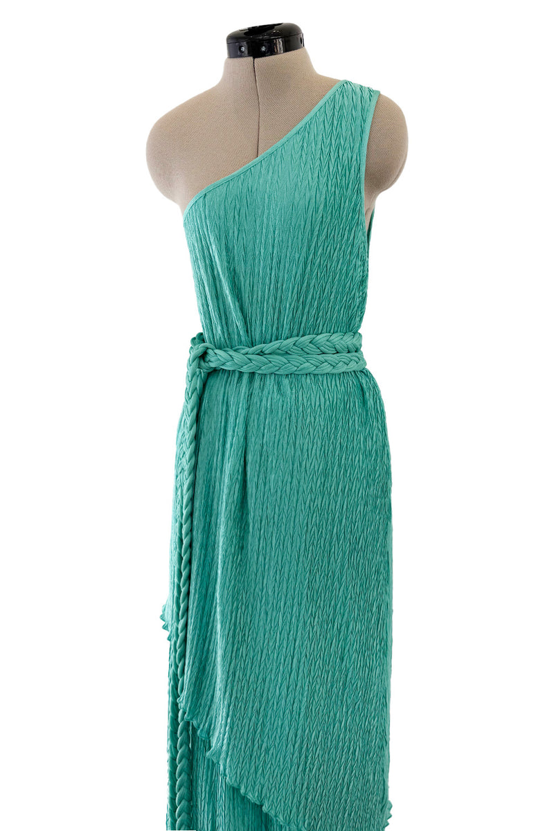 Amazing 1980s Mary McFadden One Shoulder Pleated Two Piece Set Dress w Braided Belt
