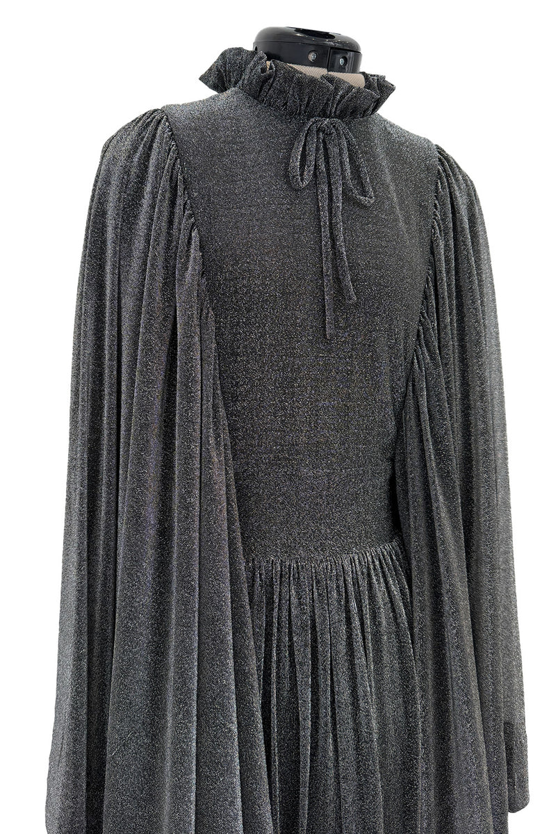 Spectacular 1970s Gina Fratini Metallic Deep Silver Lame Dress w Ruffle Collar &  Angel Sleeves