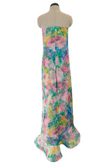 Beautiful 1980s Pierre Cardin Haute Couture Silk Chiffon Pastel Floral Ruffled Strapless Dress & Cape
