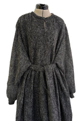 Amazing 1970s Kay Cosserat Hand Knit / Handmade Grey Angora Silk Mohair Caftan Dress w Belt