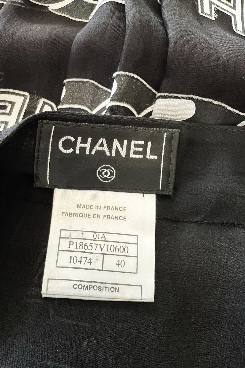 Documented Fall 2001 Chanel by Karl Lagerfeld Runway Black & White Silk Logo Skirt