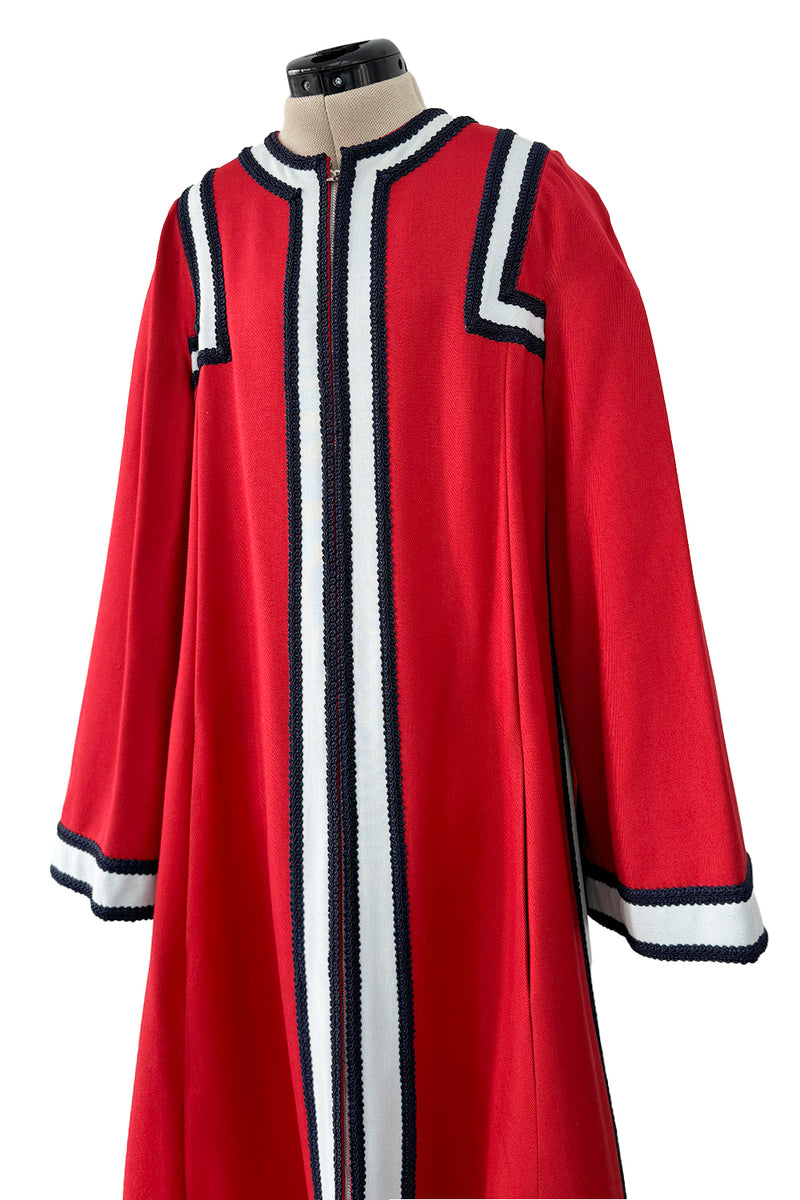 One of Two Identical 1970s Malcolm Starr Red Zipper Front Coats w Applique & Braiding Detail SZ MED