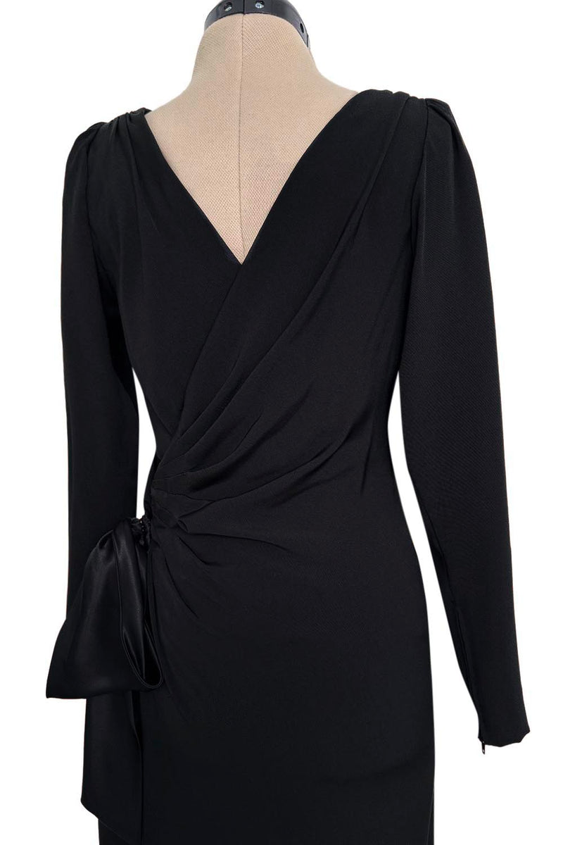 Exceptional Fall 1983 Yves Saint Laurent Haute Couture Runway Black Silk Wrap Dress w Bow Detail