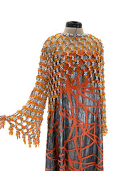 Ultra Rare 1990s Paco Rabanne Haute Couture Metallic Silver & Coral Dress w Chainlink Top & Headpiece