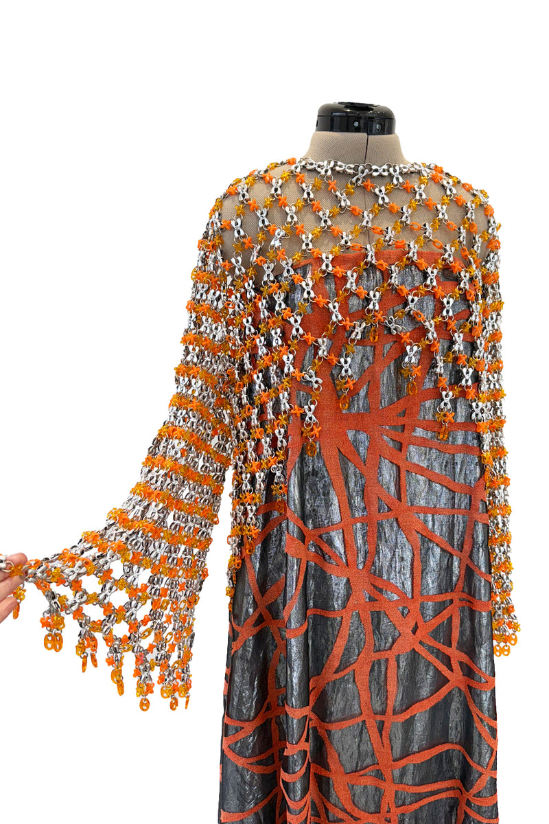 Ultra Rare 1990s Paco Rabanne Haute Couture Metallic Silver & Coral Dress w Chainlink Top & Headpiece
