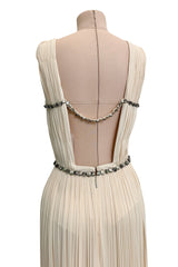 Incredible Fall 2007 Roberto Cavalli Ivory Pleated Silk Jersey Dress w Front Plunge & Rhinestones