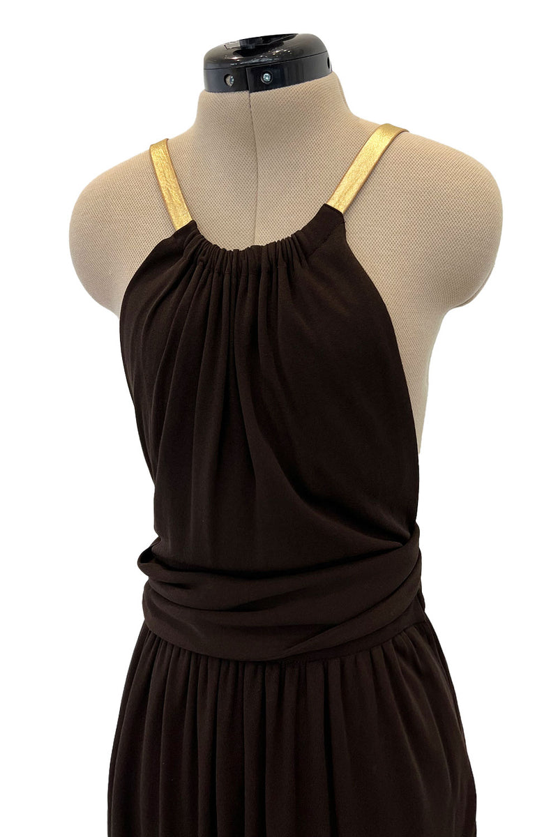 Well Documented Fall 1975 Yves Saint Laurent Brown Silk Jersey w Gold Strap Backless Dress