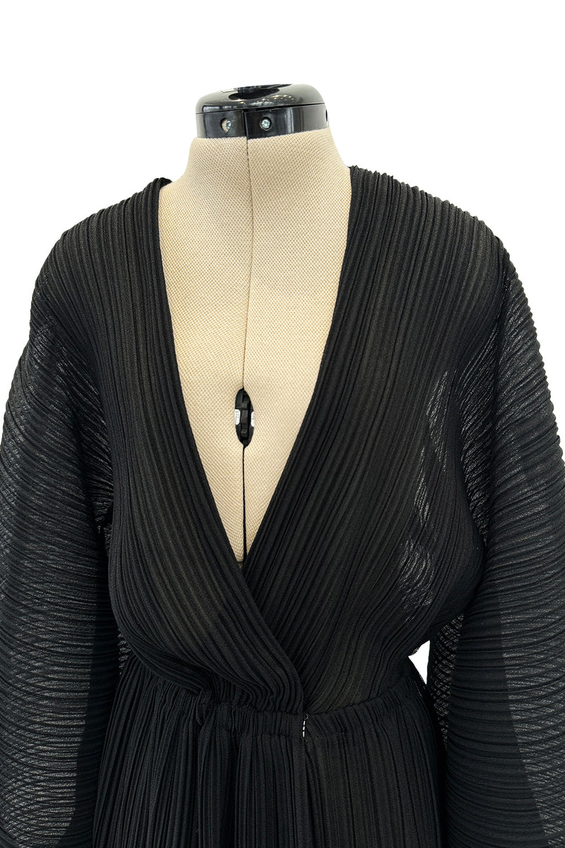 Incredible Spring 1978 Halston IV Plunged & Pleated Black Wrap Runway Dress w Balloon Sleeves