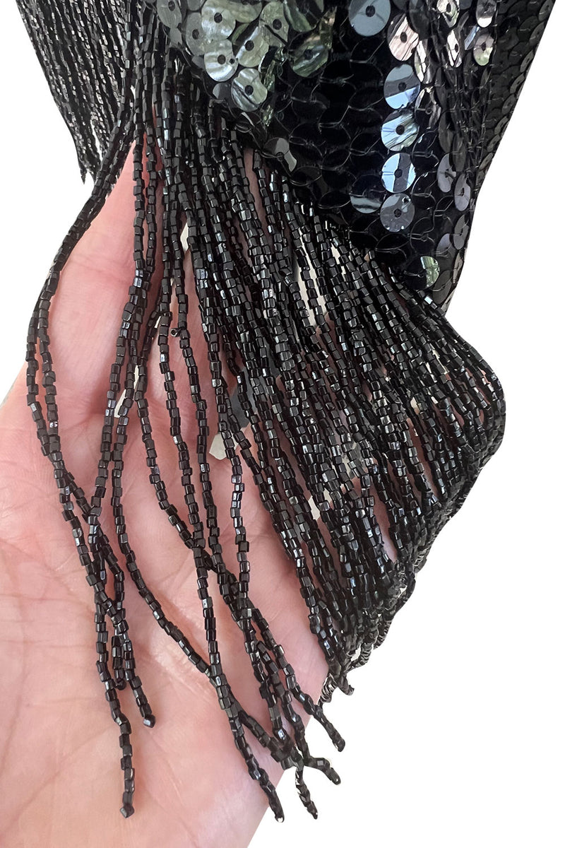 Museum Held 1974 Bill Blass One Shoulder Glossy Black Sequin Dress w Asymetrical Fringe Hem
