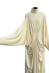 1970s Yuki by Gnyuki Torimaru for Rembrandt Ivory Jersey Caftan Dress W Gathered Front