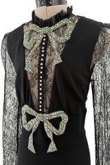 Prettiest 2017 Gucci by Alessandro Michele Black Dress w Lace Sleeves & Iridescent Crystal Bow Detailing