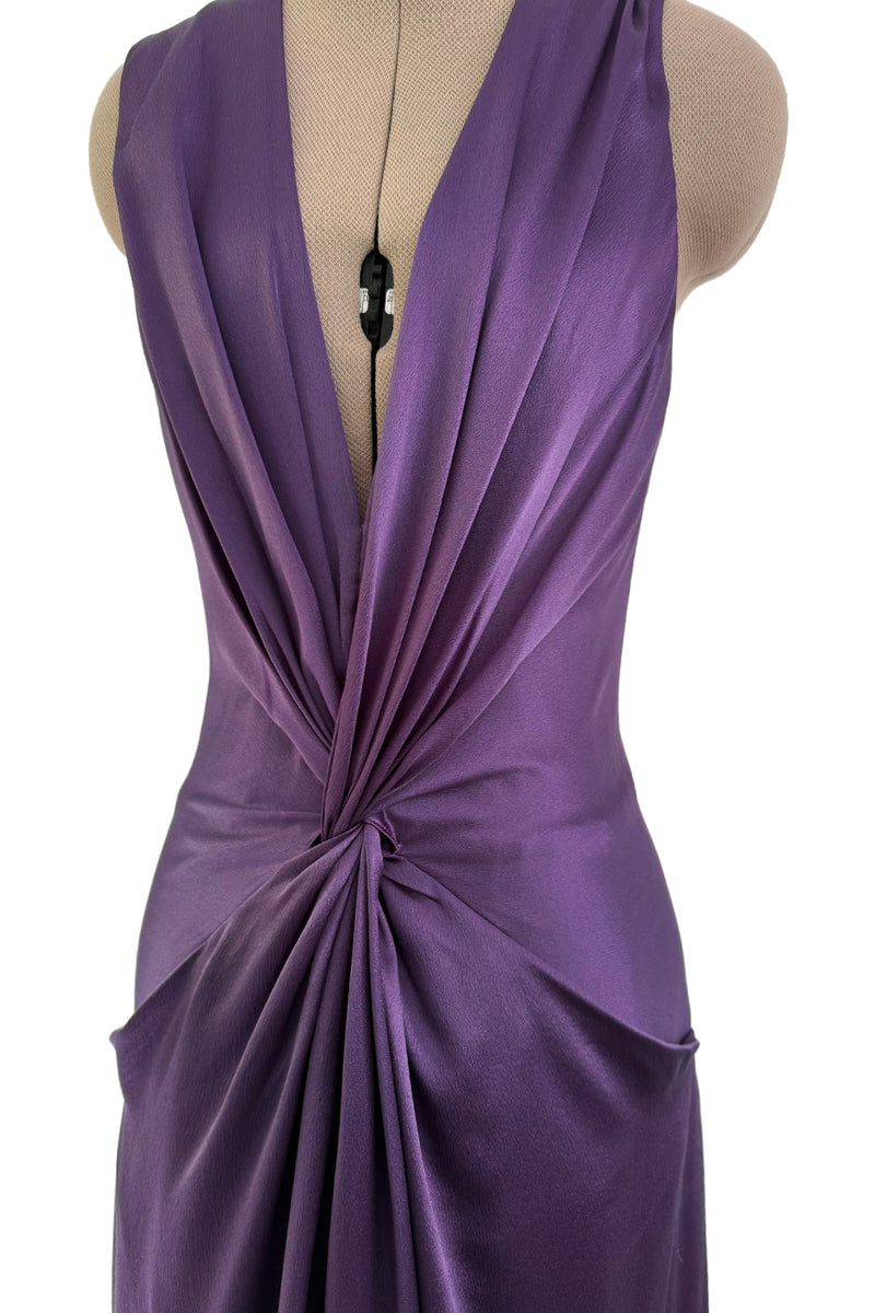 Minimalist Spring 2008 Alexander McQueen Purple Bias Cut Silk Dress w Front Plunge & Knot Detailing