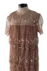 Prettiest 1960s Gold & Taupe Net Lace & Rhinestone Tiered Scalloped Edge Dress