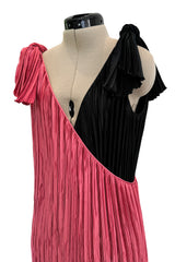 Fantastic Fall 1980 Mary McFadden Couture Salmon Pink & Black Cross Over Pleated Dress